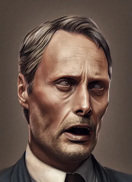 Image similar to portrait of Mads Mikkelsen as Hannibal Lecter, highly detailed, centered, solid color background, digital painting, artstation, concept art, smooth, sharp focus, illustration, artgerm, donato giancola, Joseph Christian Leyendecker, Les Edwards, Ed Repka, WLOP, Artgerm