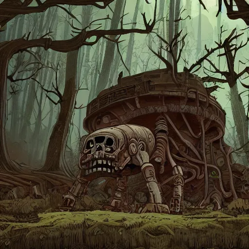 Prompt: in the style of ghostshrimp and deathburger and laurie greasley a giant decaying robot head in a forest that has been turned into a quaint house, highly detailed, 8k wallpaper