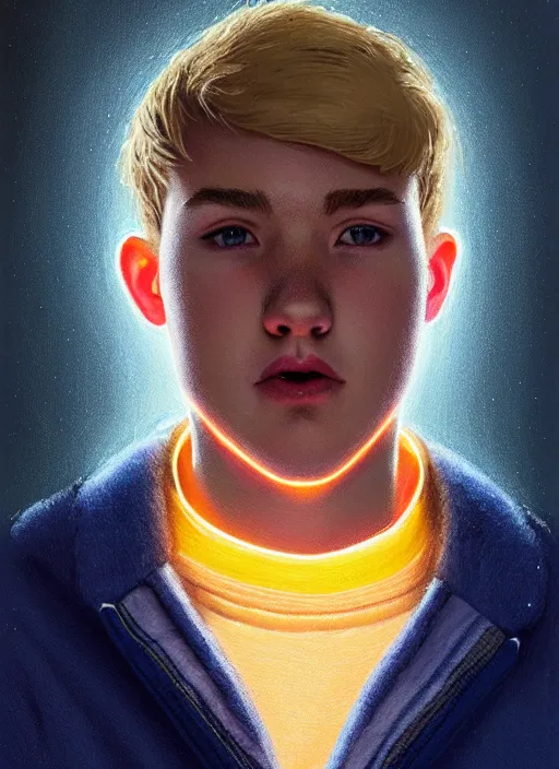 Image similar to portrait of high school senior boy named big moose, blonde short hair, jock, beefy, wide face, square jaw, square facial structure, blue varsity jacket with letter r, intricate, elegant, glowing lights, highly detailed, digital painting, artstation, concept art, sharp focus, illustration, art by wlop, mars ravelo and greg rutkowski