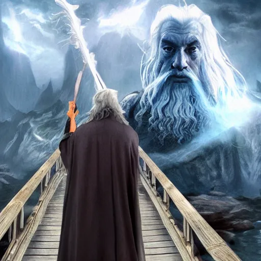 Prompt: Selfie taken by an overconfident Gandalf the Grey on the Bridge of Khazad Dum, a balrog looming in the background,