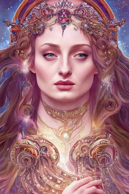 Prompt: Sophie Turner as a Goddess of the Universe, cute, fantasy, intricate, elegant, highly detailed, digital painting, 4k, HDR, concept art, smooth, sharp focus, illustration, art by artgerm and H R Giger and alphonse mucha