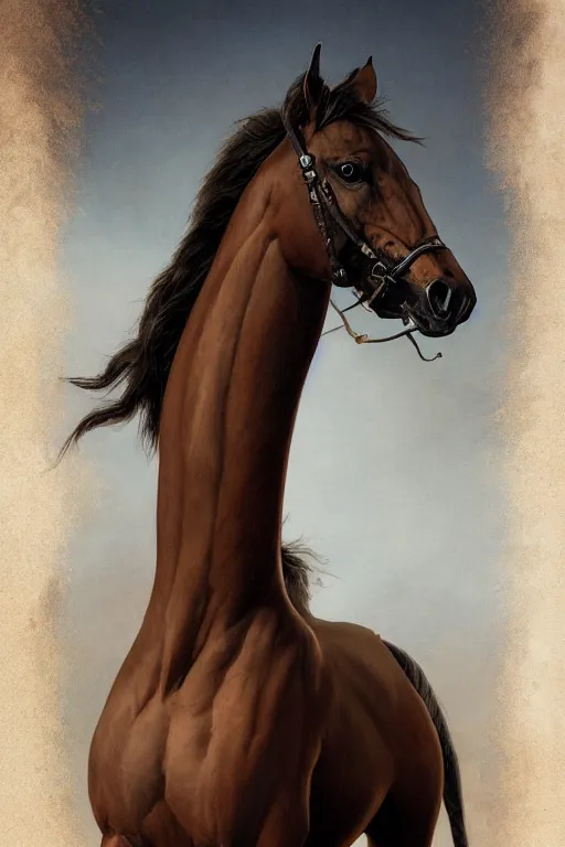 Image similar to 3 quarter view photography portrait of a prince stalion horse , organed, tatooed, intricate details, muscles, elegant, divine, illustrated by greg rutkowski and Akira Saito and Peter mohrbacher, 4k,