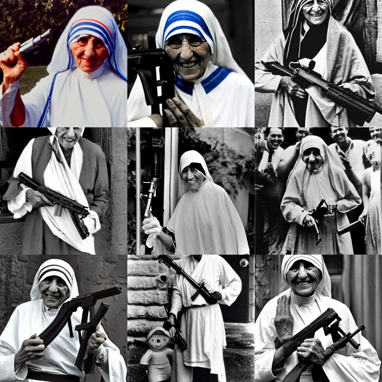 Prompt: mother teresa holding a machine gun, grinning