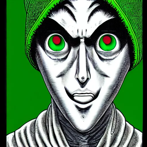 Image similar to portrait of programmer with green hood by junji ito