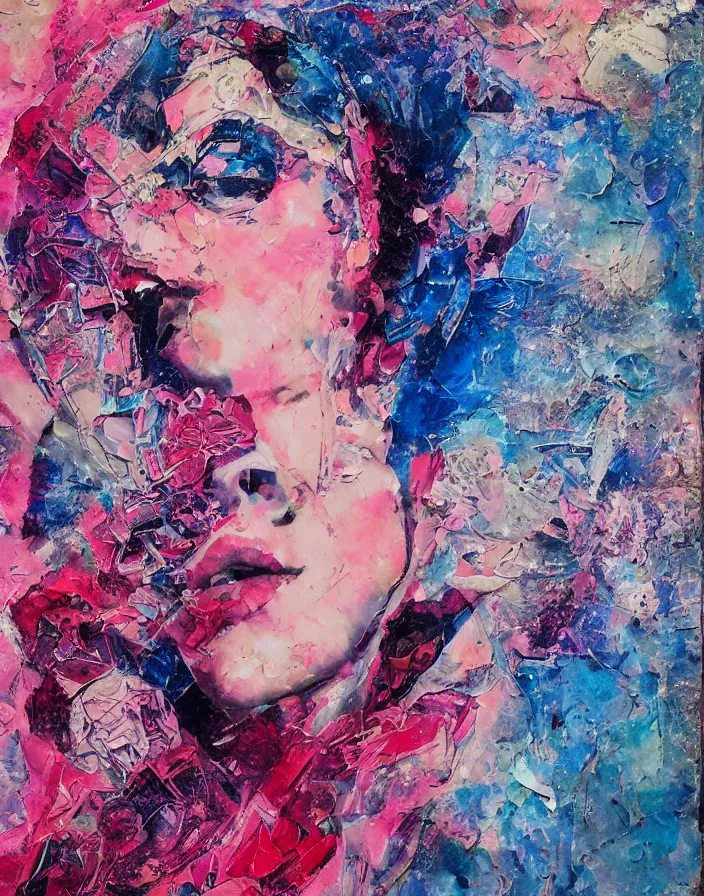 Prompt: celestial orgasm detailed and highly reliefed analogue mixed media collage with canvas texture in style of conteporary art, punk art, pink and blue colors, hyperrealistic beautiful face, photorealistic, expressionism, masterpiece, perfect composition, spectacular quality, intricate oil details