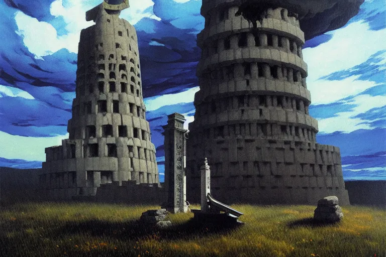 Prompt: anime key visual of grimdark tower of skulls, at the base of the tower of skulls is a grand piano, overcast and rainy, in the style of jamie wyeth james gilleard edward hopper greg rutkowski acrylic painting, oil on canvas, preserved museum piece, historical