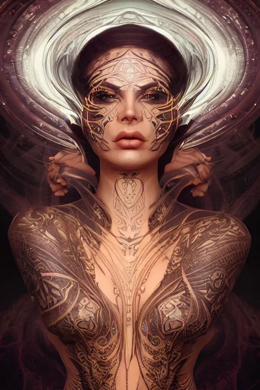 Image similar to a centered render of an alluring futuristic goddess with tribal tattoos surrounded by a underwater ink pour and flowing liquid gallium and sacred geometry, perfect body and face, powerful, cinematic, beautifully lit, by artgerm, by karol bak, 3 d, trending on artstation, octane render, 8 k