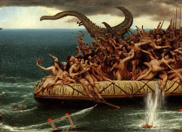 Image similar to godzilla attacking the raft of the medusa, painting by lawrance alma - tadema, 4 k, hyper - realistic, highly detailed