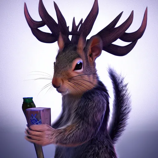 Prompt: squirrel magician, arcainist, dnd, character design, antlers, blue lights, unreal engine, frostbite, photorealistic, 4 k