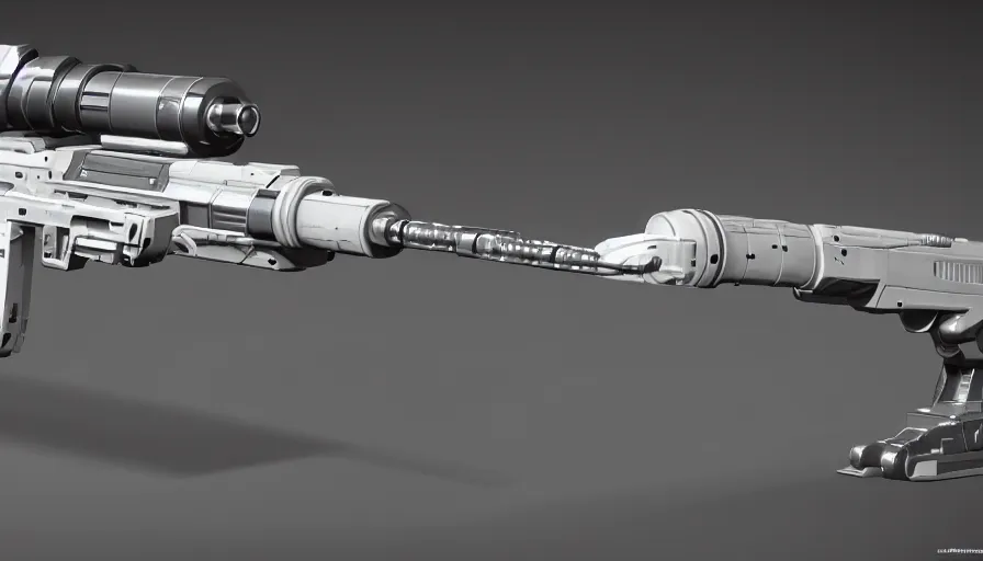 Image similar to extremely detailed realistic side view of a sci fi laser machine gun, detailed trigger, chemically propelled, pattery powered, smooth streamline, battery and wires, railgun, tribarrel, gauss, elegant sleek smooth body, white paint, smooth utopian design, ultra high quality, minimalist, octane, cod, destiny, warframe, terminator