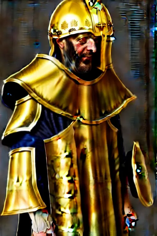 Prompt: man in decorated with gold in baroque style 15 century crusader armor, helmet hiding his face and white cape standing at the gates of jerusalem drawn by greg rutkowski realistic high detail