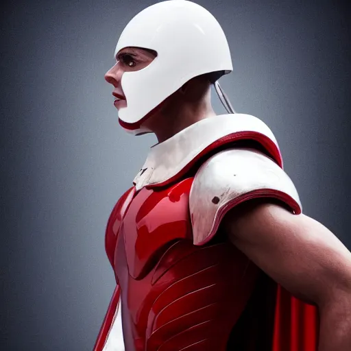 Image similar to headshot of a tall athletic muscular infantry man in glossy sleek white armor with tiny red details and a long red cape, heroic posture, strong jawline, on the surface of mars, night time, dramatic lighting, cinematic, sci-fi, hyperrealistic