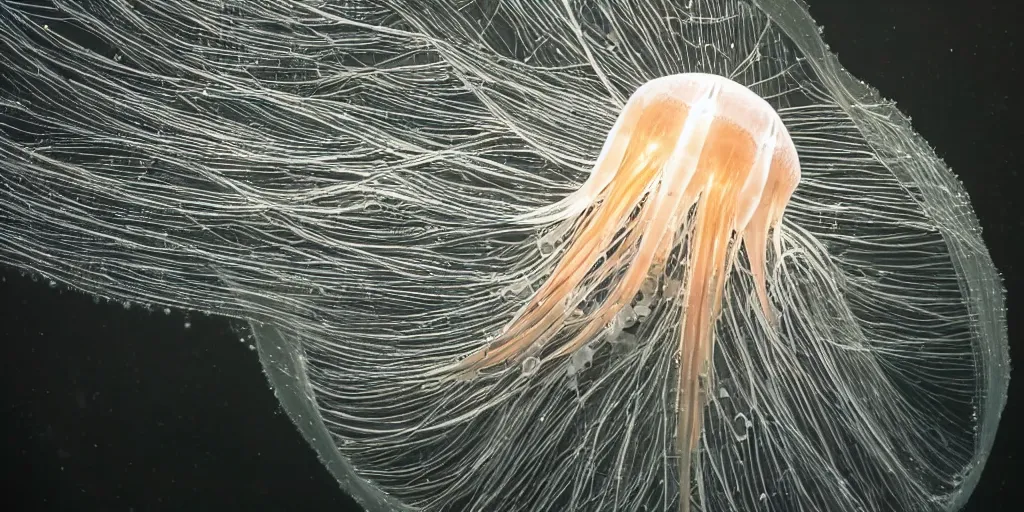 Prompt: a highly detailed underwater jellyfish with fiber optics as tentacles electrically shocking the water creating subtle waves and microscopic explosions