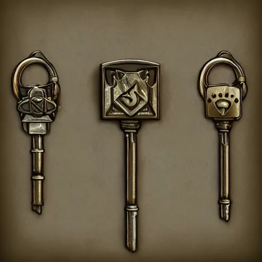 Image similar to metal key for the doors, rpg game inventory item, zoomed on, stylized, perspective view, ArtStation concept