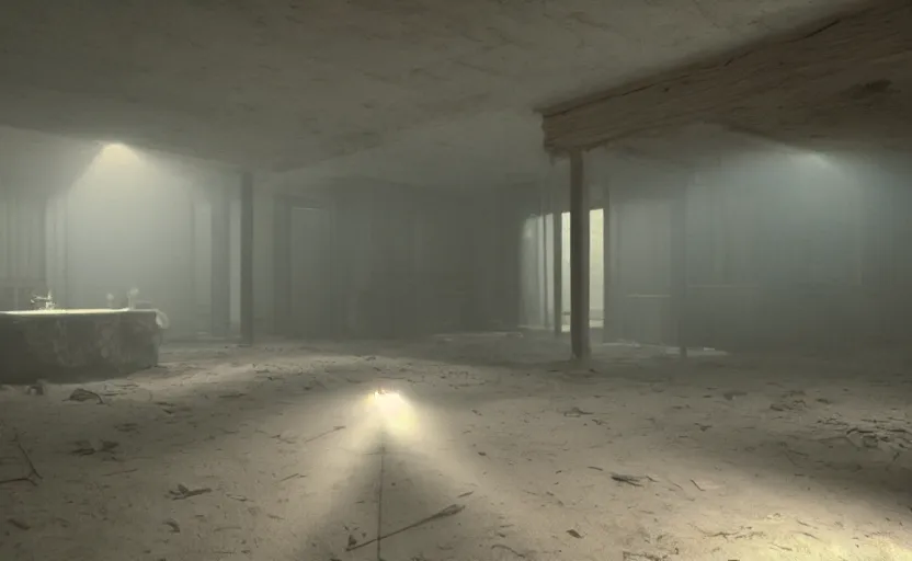 Prompt: cinematic screenshot of the surreal interior for house built on nothing and something for the nothing underneath, moody scene from being john malcovich directed by charlie kaufman ( 2 0 0 1 ), moody volumetric light morning, anamorphic lenses, kodak color film stock