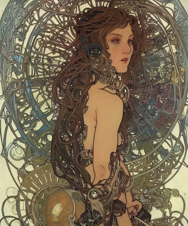 Image similar to realistic detailed portrait of a humanoid mecha cyberpunk! goddess by Alphonse Mucha and Charlie Bowater and art germ, rule of thirds, golden ratio, Art Nouveau! cyberpunk! style, mechanical accents!, mecha plate armor, glowing LEDs, flowing wires with leaves, art nouveau accents, art nouveau patterns and geometry, rich deep moody colors, portrait style with the subject in the middle of the frame