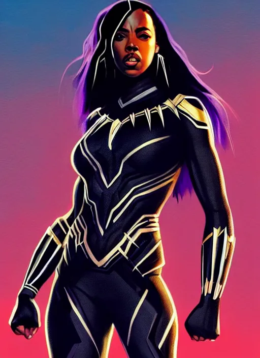 Image similar to full body portrait of marvel cinematic universe aaliyah haughton, black panther, elegant, wakanda, super hero, black outfit, highly detailed!! digital painting, artstation, glamor pose, concept art, sharp focus, illustration, art by artgerm and greg rutkowski, artey freytag