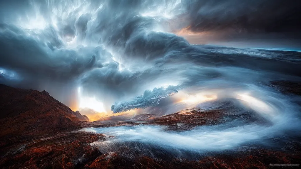 Image similar to amazing landscape photo of a tempest by marc adamus, beautiful dramatic lighting