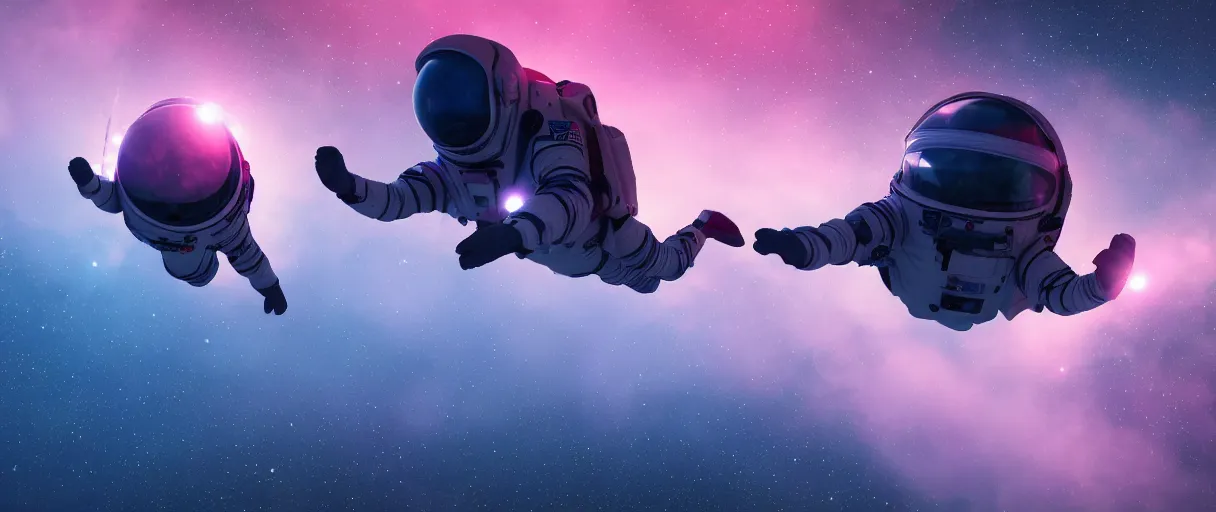 Prompt: close - up shot of flying body of space astronaut in weightlessness on an alien planet, mountains, small pink foggy and gloomy, blue lights, bokeh background, highly detailed science fiction illustration by jeremy geddes. photorealistic, octane render, hyper detailed, 8 k, movie still, artstation, unreal engine