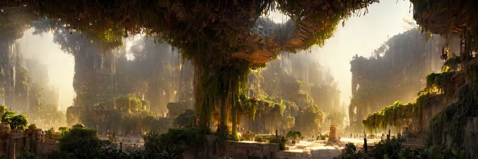 Prompt: a cinematic scene from the hanging gardens of babylon, concept art by james gurney and greg rutkowski, dramatic lighting, ultra hd, hdr, 8 k