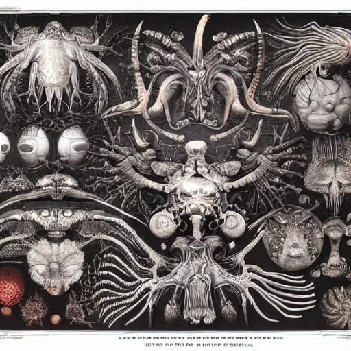 Prompt: A beautifully detailed frontispiece for the Compendium of Alien Anatomy by Ernst Haeckel and Nekro, vivid color, trending on artstation, cgsociety 4K.