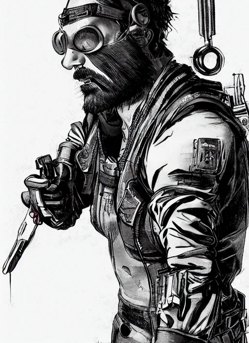 Image similar to menacing bearded cyberpunk mercenary in tactical harness and jumpsuit. dystopian. portrait by stonehouse and mœbius and will eisner and gil elvgren and pixar. realistic proportions. cyberpunk 2 0 7 7, apex, blade runner 2 0 4 9 concept art. cel shading. attractive face. thick lines.