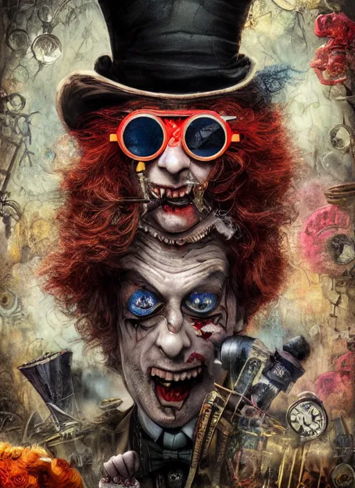 Image similar to mad hatter, angry, scary, cheeky, steampunk googles, highly detailed, cinematic, 8 k, by megan duncanson, benjamin lacombe, stanley artgermm, tom bagshaw, craig mullins, carne griffiths, ayami kojima, beksinski, giger, trending on deviantart, hyper detailed, horror, full of colour