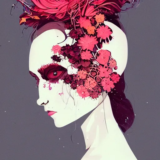 Image similar to surreal gouache paintingby conrad roset, female mechanical android head with flowers growing out, portrait, cgsociety, artstation, rococo mechanical costume and grand headpiece,