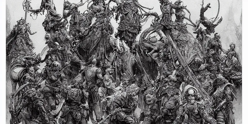 Image similar to “ parade of ornate warriors, dieselpunk : : epic : : cinematic : : watercolour : : art nouveau : : poster style : : by paul pope : : brian froud : : moebius : : travis charest : : gustave dore ”