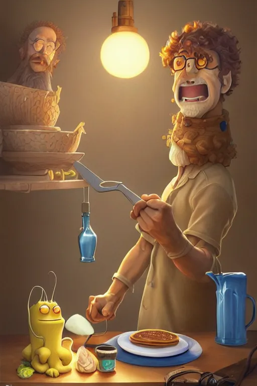 Image similar to arlo guthrie making pancakes, animation pixar style, by pendleton ward, magali villeneuve, artgerm, rob rey and kentaro miura style, golden ratio, trending on art station