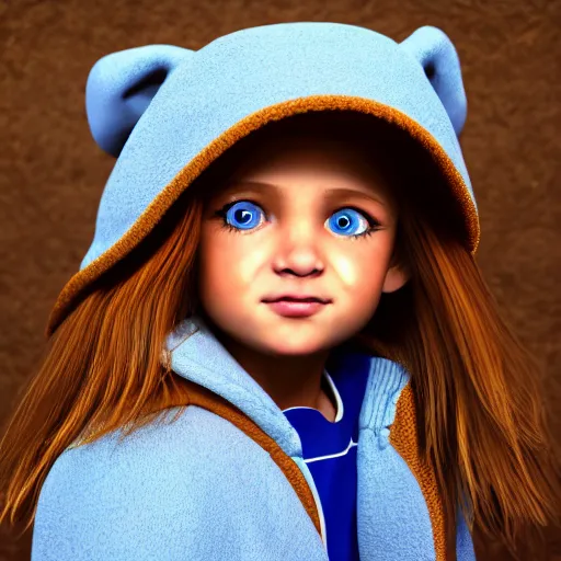 Image similar to a little portuguese girl with white - fair!!!!! skin, dirty blonde hair and blue eyes, wearing a disney land coat and blue jeans, 4 k, 8 k, photorealistic facial features