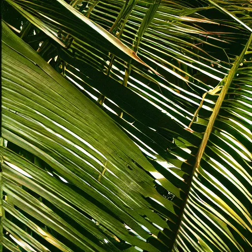 Prompt: palm leaves on the beach, lomography,