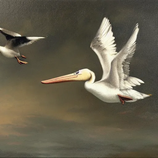 Image similar to a corgi learning to fly with pelicans, oil on canvas, intricate, 8k highly professionally detailed, HDR, CGsociety