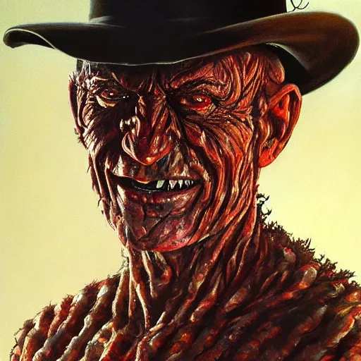 Image similar to ultra realistic portrait painting of freddy krueger, art by frank frazetta, 4 k, ultra realistic, highly detailed, epic lighting