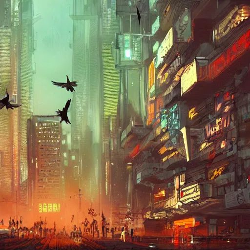 Prompt: A dark painting of a cyberpunk city infested with giant pigeons, trending on art station