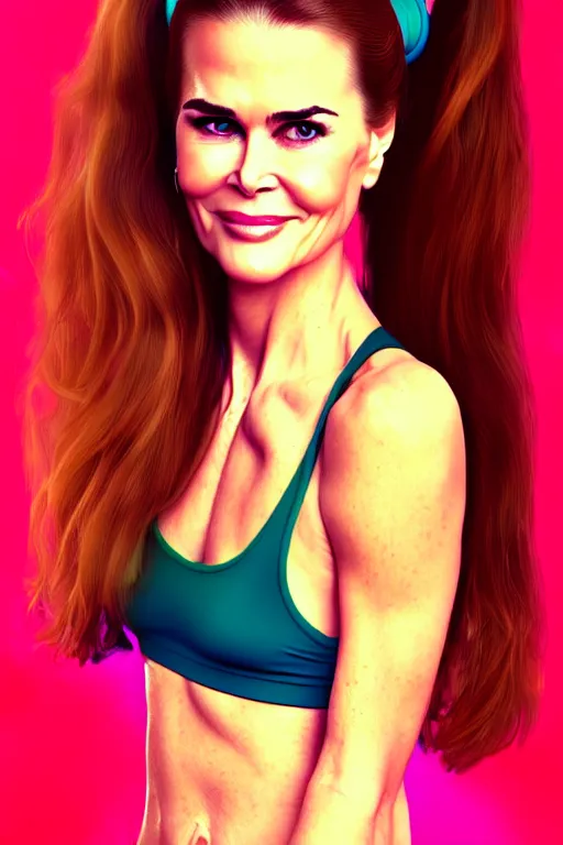 Image similar to portrait of a mix of beautiful young maria shriver, mariel hemmingway, brooke shields, nicole kidman and elle macpherson as an exercise gym girl, thin lips, hair tied up in a pony tail, colorful artstation, cgsociety