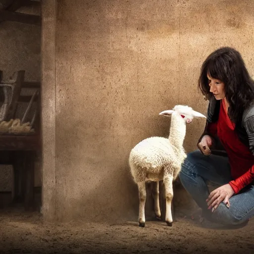 Image similar to a woman nursing a lamb in a barn, dimly lit, night, two red eyes stare at her from the shadows, uhd, 8 k, digital art, award winning,