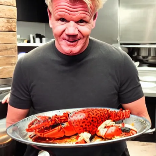 Prompt: gordon ramsay smiling ear to ear after making a lobster dish