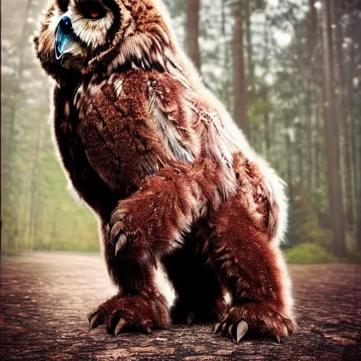 Image similar to A large magical beast called an Owlbear, the beast has the body of a bear and the head of an owl, 8k, ultra realistic, professional photography