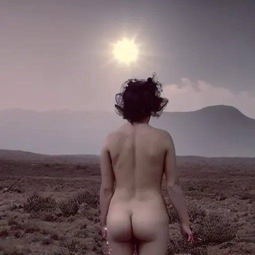 Prompt: The full body shot of beautiful pale woman on fire, with many flowers and full-face silver mask with, a thick black smoke in rocky desert landscape, landscape background, many reflection eyes, falling star on the background, dry earth by Christopher Doyle, Gaspar Noe, Tarkovsky, Alejandro Jodorowsky, anamorphic lens, cinematic composition, award winning photo, 8k