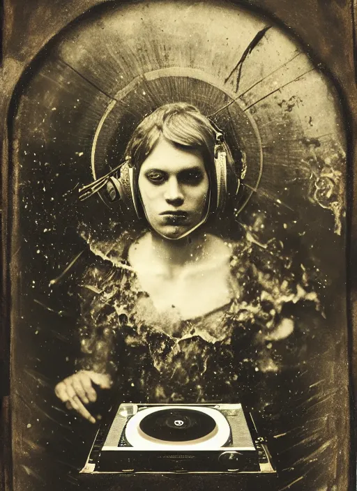 Image similar to old wetplate daguerreotype, portrait of god is a dj, explosion of data fragments, fractal, intricate, elegant, highly detailed, parallax, leica, medium format, subsurface scattering, by jheronimus bosch and greg rutkowski and louis jacques mande daguerre