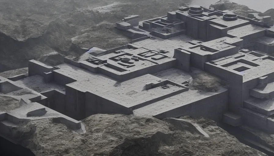 Image similar to big brutalist imperial military base on cliffs, drawing architecture, very long shot, top angle, imperial architecture in rogue one, pritzker architecture prize, brutalism architecture, jan urschel, roger deakins