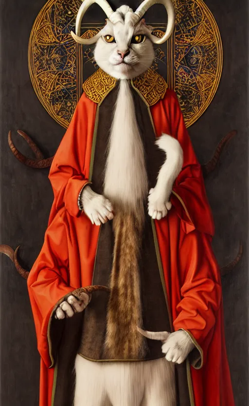 Prompt: a bipedal cat that has two goat horns, anthropomorphic cat that is wearing robes, matte oil painting, by jan van eyck, d & d, character reveal, fantasy, concept art, cosmic, magical, fog, noble, full body portrait, intricate, ornate, extremely detailed, cult, ritual, sharp focus, 4 k, 8 k