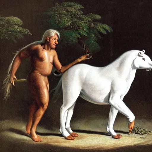 Prompt: A creature with a white ape on the upper body and black horse legs