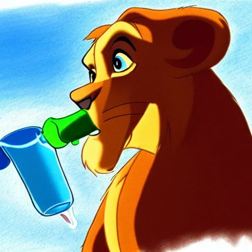 Prompt: Simba from The Lion King drinking water, professional drawing for animated movie.