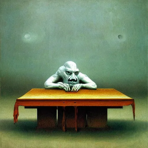 Prompt: a strange creature sits at a table, by Zdzisław Beksiński