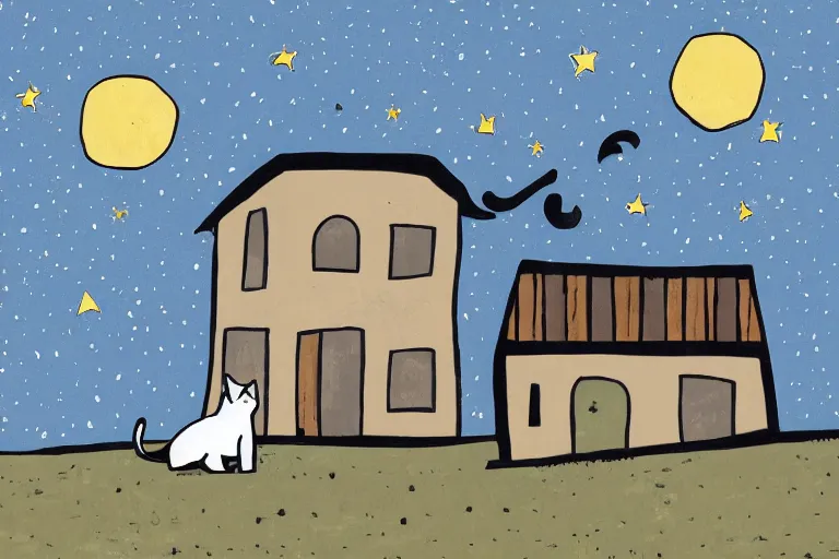 Prompt: detailed illustration of a white cat with a black spot on her trunk playing guitar, an old house with a window over a hill, blue sky, a big star falling