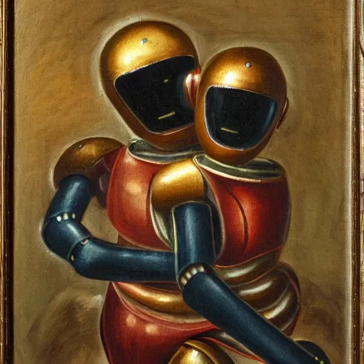 Image similar to renaissance era, oil painting of two robots hugging