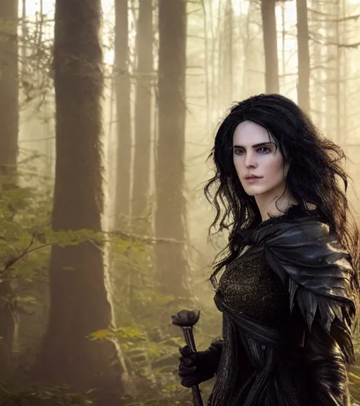 Image similar to 5 5 mm close up portrait photo of anya chalotra as yennefer of vengerberg in black leather armor and long black fluff hair, in a forest. magical atmosphere. art by greg rutkowski. lifelike. very detailed 8 k. intricate. soft light. nikon d 8 5 0.