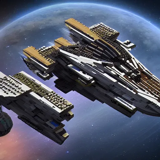 Image similar to star citizen ship made of lego, isometric, high detail, realistic, photography